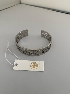Tory Burch Silver Logo Cutout Open Cuff Bracelet